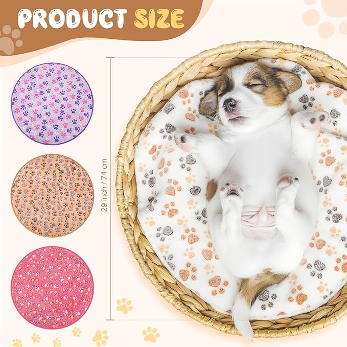 Tatuo 4 Pcs Dog Blanket for Pet Cat Blankets Indoor Puppy Teething Stuff Toys Paw Print Fleece Blanket Warm Sleep Mat for Guinea Pig Cage(White, Coffee, Pink, Purple,29 x 29 Inches,Round)