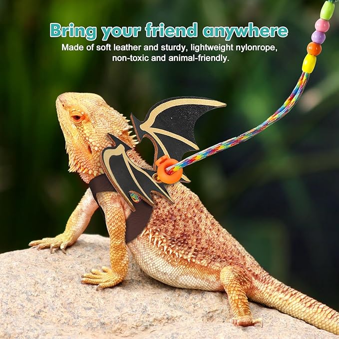 LIKZINWA Bearded Dragon Lizard Leash Harness,4 Size Pack Adjustable Small Animal Harness for Reptile and Small pet (New Dinosaur Wing)