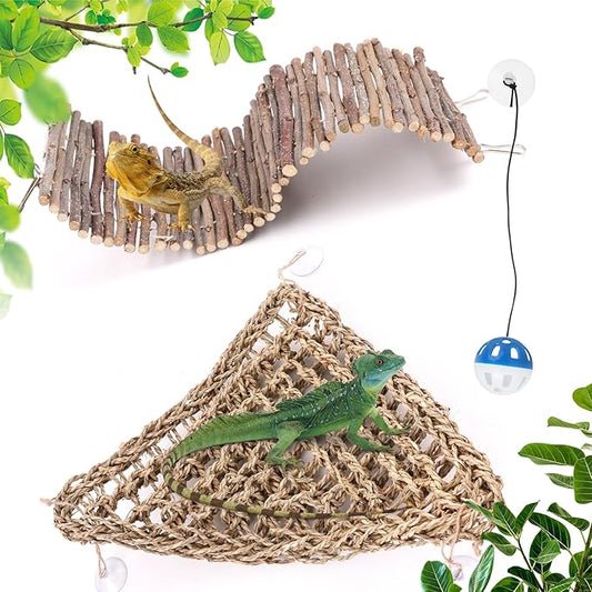 Large Bearded Dragon Tank Accessories, Natural Adjustable Reptile Climbing Toys Bendable Bridge, Reptile Habitat & Hermit Crabs Habitat Decor with Climbing Hammock Toys for Hermit Crab, Lizard, Snake