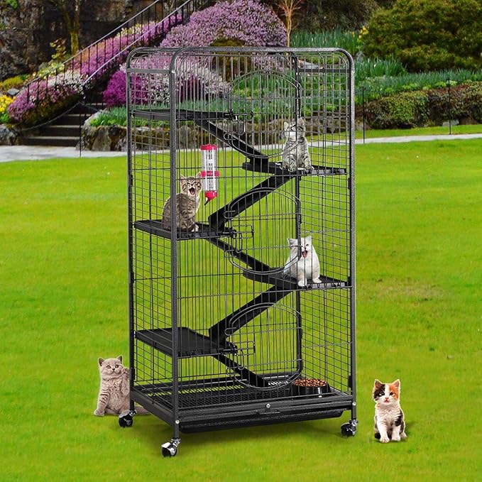 Metal 6 Levels Ferret Cage Playpen for Rabbit Chinchilla Squirrels w/3 Doors/Bowl/Water Bottle 25.2 x 16.9 x 51.6 Inch Black
