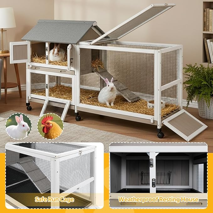 PetsCosset Rabbit Hutch Outdoor Bunny Hutch 2-Story Wooden Indoor Rabbit Cage with Run, 6 Wheels, Waterproof 3 Leak Proof Trays, Ramp, Weatherproof Asphalt Roof for Animals Pets, Expandable Design