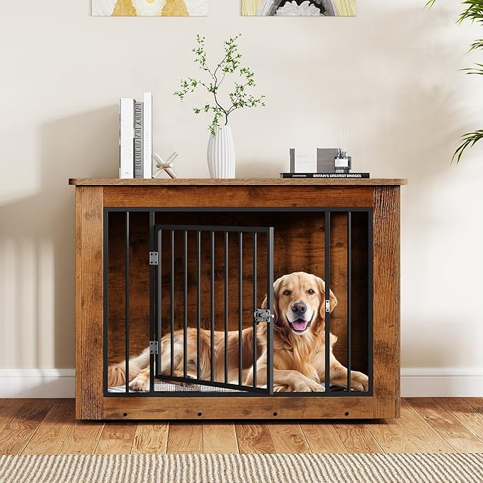 DWVO Dog Crate Furniture, 38 Inch Dog Kennel Indoor Furniture End Table for Dogs, Farmhouse Decorative Wooden Cage, Chew-Resistant, Rustic Brown
