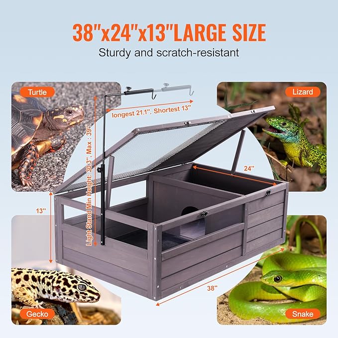 VEVOR Tortoise Habitat, Cedar Wooden Tortoise House Indoor & Outdoor, Tortoise Enclosure with Adjustable Lamp Holder, 2-Room Reptile Enclosure Small Animal Cage for Gecko, Lizard, Snake 38x24x13 inch