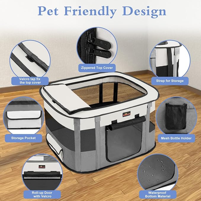 Dog Playpen, Pet Playpen, Foldable Kitten cage Puppy Play Pen, Portable Dog Kennel Tent Crate, Indoor Outdoor Travel Camping Use for Small Animals with Carrying Case (Grey XL)