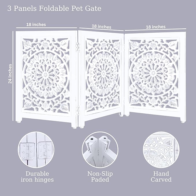 Lightnpro Wooden Dog Gate - Adjustable Freestanding Foldable Pet Safety Barrier for Indoor Use, Stylish Extra-Wide Fence for Dogs & Small Pets, Ideal for Stairs & Doorways - 24x54 Inch Antique White