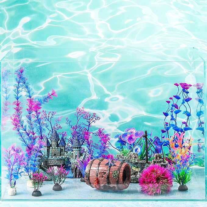 Zeyune 18 Pcs Aquarium Decorations Kit Fish Tank Decorations Set Small Resin Castle Sunken Ship Starfish Barrel Artificial Aquarium Plants for Fish Bowl