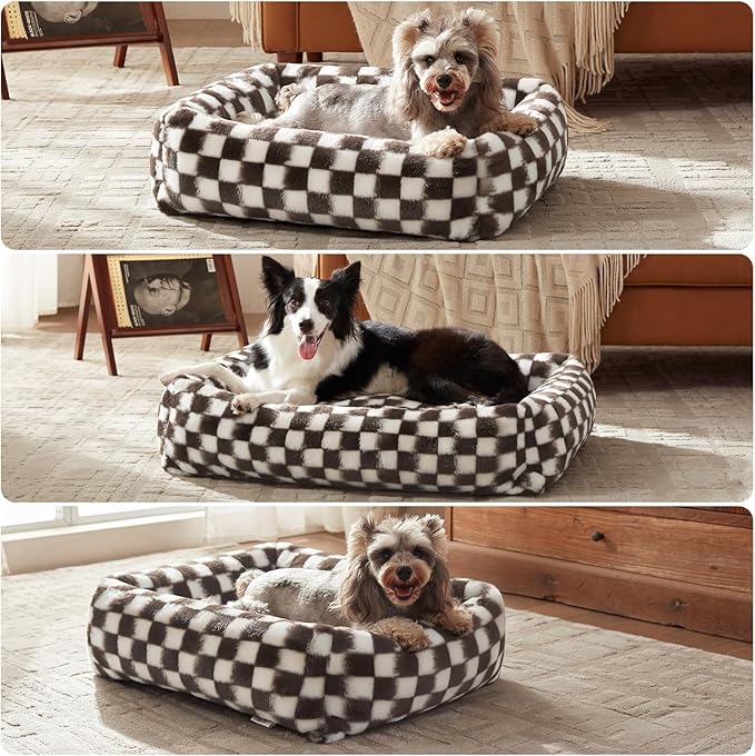 JOEJOY Dog Bed for Small Medium Dogs, Removable Washable Cover Orthopedic Soft Faux Rabbit Fur Pet Bed, Anti-Slip Fluffy Plush Puppy Bed, 25"x21"x7", Checkered, Brown