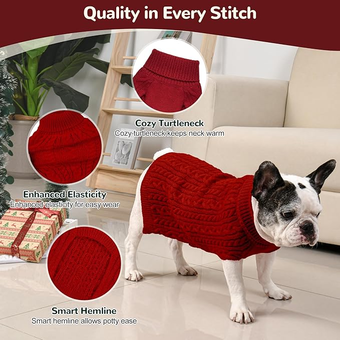 2 Pack Dog Sweaters for Medium Dogs Winter Turtleneck Pullover Cable Knit Fleece Stretch Frenchie Dachshund Pug Corgi Beagle Boy Girl Pet Clothes (L, Red & Green)