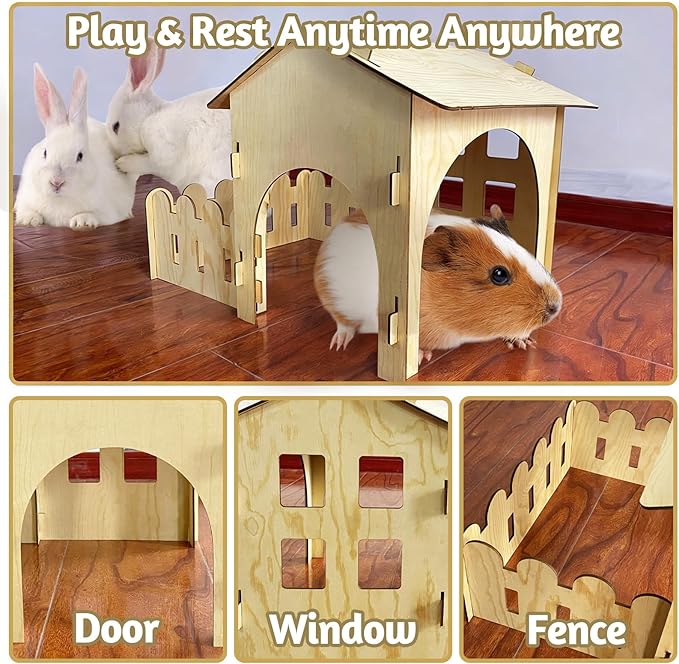 Fhiny Wooden Rabbit Castle Hideout with Fence, Small Animal Rest and Play House Hideaway with Window Detachable Rabbit Bed Hut Bunny Castle for Indoor Chinchilla Guinea Pig Hedgehog
