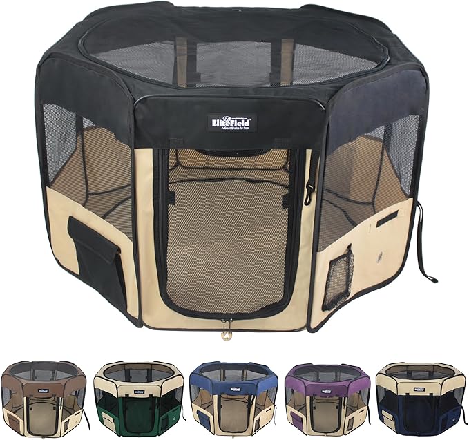 EliteField 2-Door Soft Pet Playpen (2 Year Warranty), Exercise Pen, Multiple Sizes and Colors Available for Dogs, Cats and Other Pets (52" x 52" x 32"H, Black+Beige)