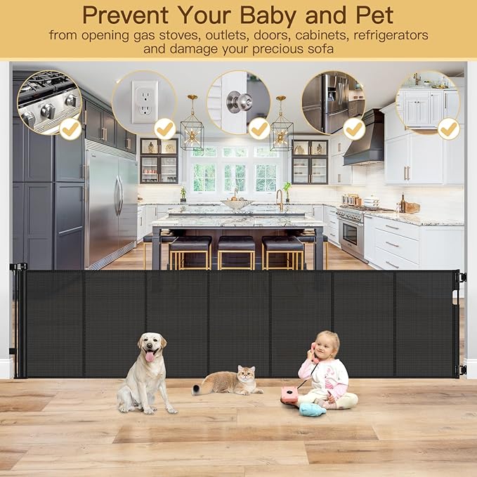 Reinforced 159 Inch Extra Wide Baby Gate for Large Opening with Support Rod, Indoor/Outdoor Retractable Baby Gates Extra Wide, Prevent Babies and Dogs from Crawling Through Retractable Dog Gate, Black