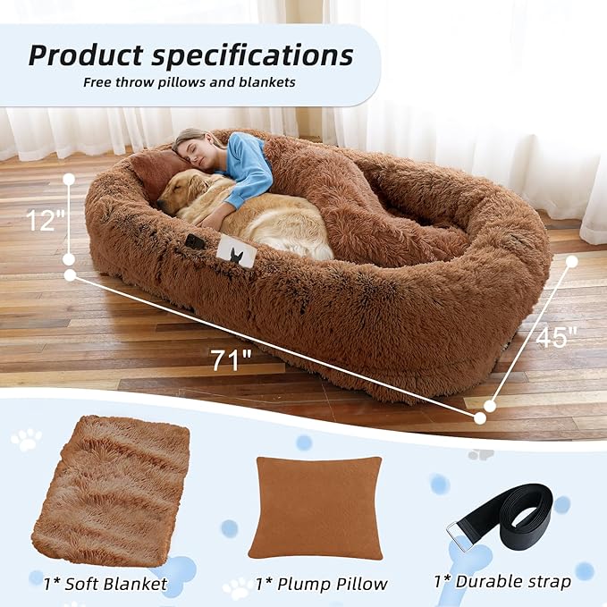 Human Dog Bed, 71''x45''x12'' Size Fits You and Pets, Washable Faux Fur Pet Bed for People Doze Off, Napping Orthopedic Dog Bed, Present Plump Pillow, Blanket, Strap - Brown