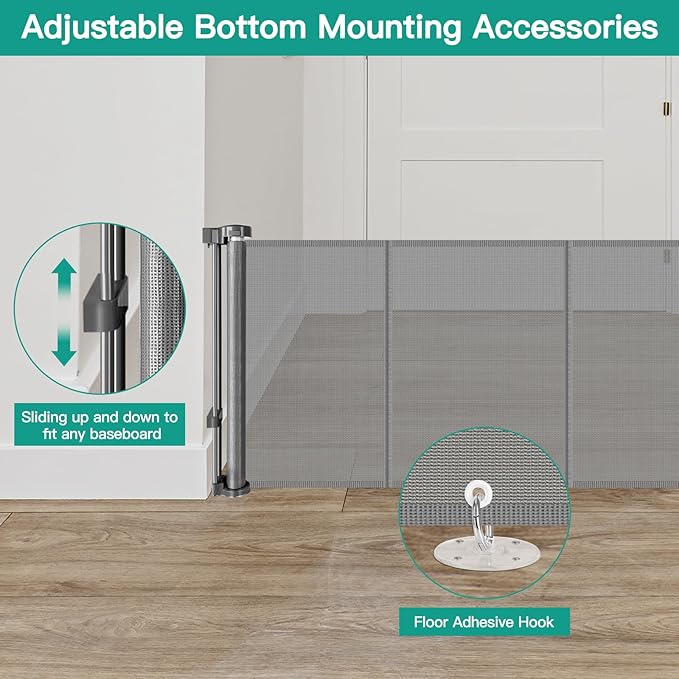 24 Inch Tall x 75 Inch Extra Wide Retractable Dog Gate for The House, Short Dog Gate to Step Over, Reinforced Mesh Puppy Gate for Doorways, Step Over Pet Gate for Stairs, Indoor/Outdoor, Gray