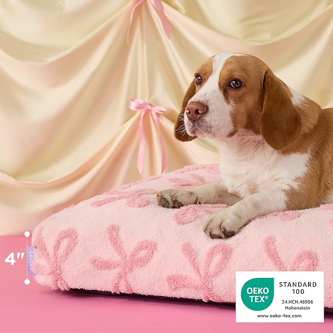 LE SURE Dog Beds Medium Size-Thick Shredded Chopped Foam Pet Bed as Gift for Indoor with Removable Cover, Cute Modern Fuzzy Plush & Anti Slip Bottom, Bow Pink