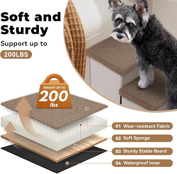 Zerbuger Dog Stairs with Furry Lids 18" H, 3-Step Wider Dog Steps with Storage for Small/Medium/Large Old Dogs Cats, Folding Sturdy Pet Stairs Climbing Bed Couch, Ramp for Car Up to 200 lbs, Khaki
