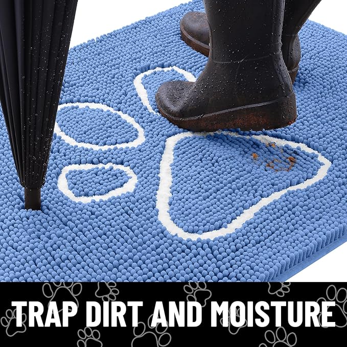 Smiry Dog Door Mat for Muddy Paws, Absorbent Dirt Trapper Non Slip Quick Dry Washable Chenille Mat for Mud Dogs, Entry Rug for Indoor and Outdoor (48x30 Inches, Cornflower Blue and White)