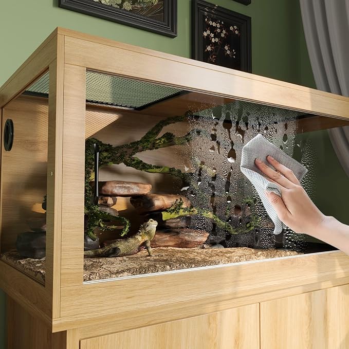 120 Gallon Reptile Tank, Terrarium Tank with Storage Cabinet, Breathable Wire Mesh Top and Wire Threading Holes, Large Reptile Enclosure with Spring Lock for Bread Dragon, Gecko, Log Color