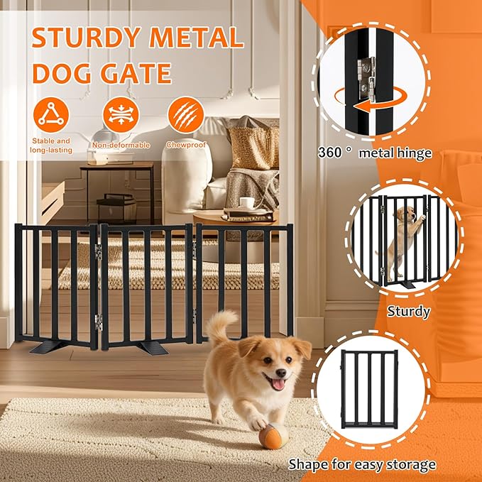 Snagle Paw Short Dog Gate,16.5" Tall Freestanding Metal Dog Gate Only for Small Dogs with Support Feet Easily Step Over,Up to 36" Wide Puppy Gate Indoor for Stairs,Doorways(Black,3 Panel)