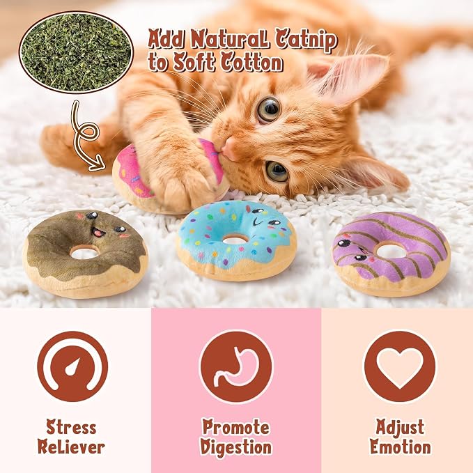 L1rabe Donut Catnip Stuffed Toys for Cats - 5Pcs Black Cat Appreciation Day Funny Dessert Organic Cat Toys Pet Supplies, Indoor Cats Chew Bite Teething Tools Kittens Catmint Interactive Supplies - Image 3