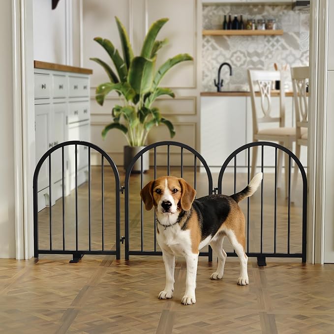 PUPETPO Full Metal Dog Gate for Indoor Outdoor, 24" Tall Free Standing Pet Dog Fence, 54" Wide Arched Pet Gates for Stairs, Hallways, Doorways, Kitchen, Decks, Yards (Black, 3 Panels)