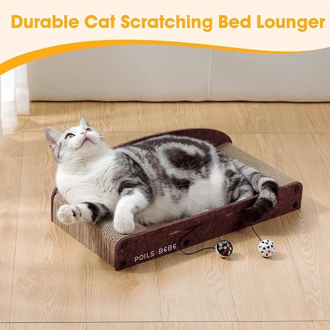 Poils Bebe 26 Inch Sofa Cat Scratcher, Small Cat Scratcher Cardboard with Bell Balls, Durable Couch Lounger for Indoor Cats, Cat Scratch Furniture Protector with Catnip, Cat Toys - Image 2
