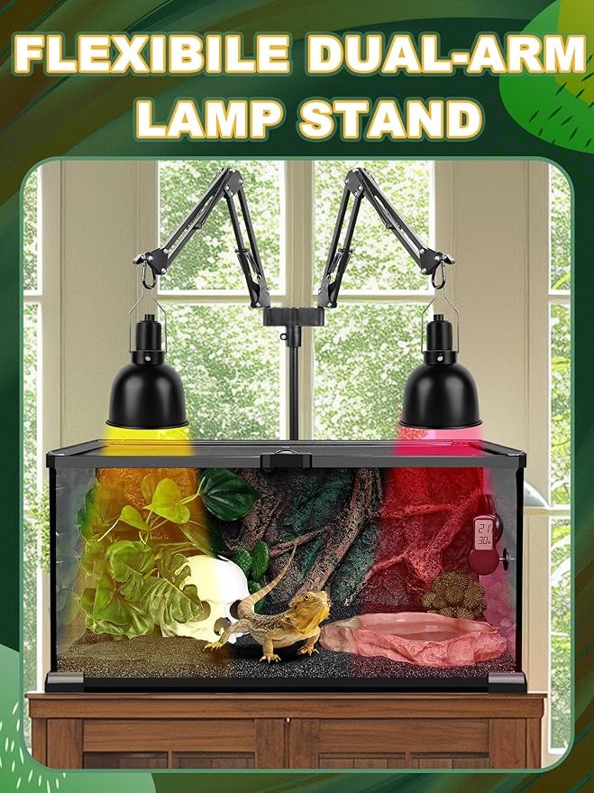 Dual Reptile Light Stand, Heat Bulb Stand (15.7 to 74.3 inch) with 2 Adjustable 360° Swing Arms for Terrarium, Reptile Heat Lamp Stand for Bearded Dragons, Turtles, and Chameleons (Black)