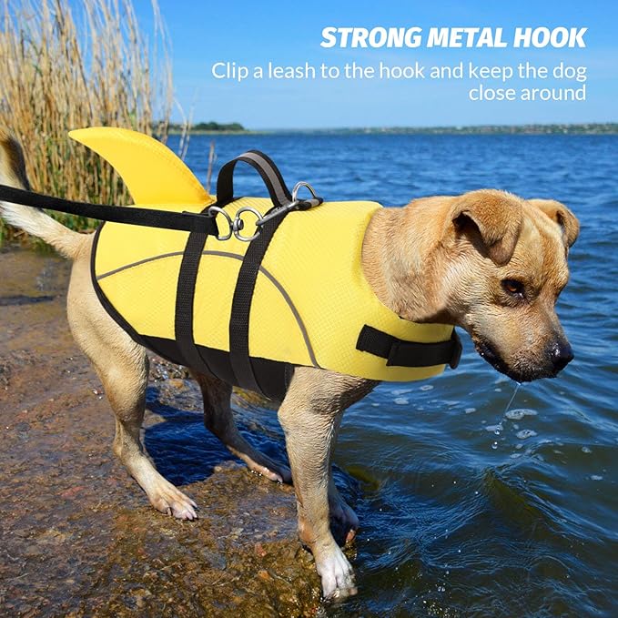 Queenmore Small Dog Life Vest for Swimming, Shark Dog Life Jacket, XS Life Vest for Boating, Puppy Life Jackets for Small Dogs Cats, Pet Floating Dog Swimming Vest with Handle/Leash Hook(Yellow,XS)