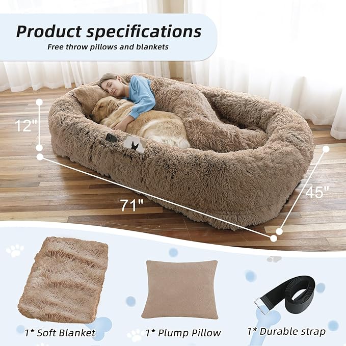 WROS Human Dog Bed, Large Dog Beds for Humans Size Fits You and Pets, Washable Faux Fur Orthopedic Human Pet Bed for People Doze Off, Napping, Present Pillow, Blanket, Strap - Khaki