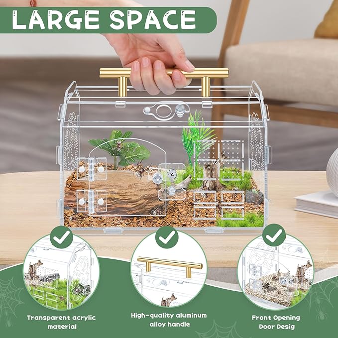 Acrylic Jumping Spider Enclosure, 8.7x5.1x6.9 Inch Tarantula Enclosure with Front Opening Door& Feeding Holes and Handle, Transparent Terrarium for Reptiles, Amphibians and Spiders