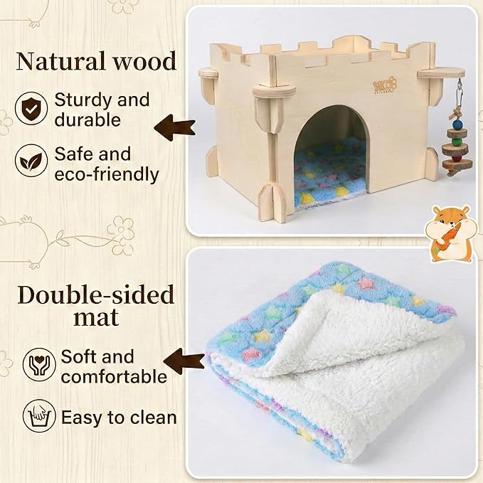 YKD Castle Chinchilla House, Small Animal Hideout for Chinchilla, Guinea Pig, Hedgehog, or Rat, Ventilated Wooden Guinea Pig Hut Habitat with Multiple Doors (Medium)