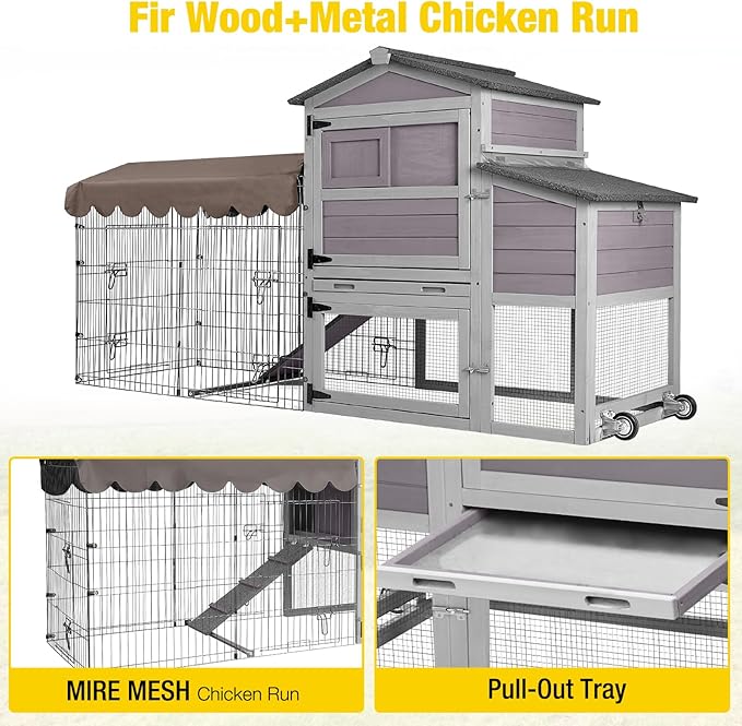 80.5’’ Outdoor Chicken Coop, Mobile Chicken Tractor with Wheels, Large Poultry Hen Cage with Nesting Box, Waterproof Roof and Sliding Out Tray, Wooden Chicken House for 2-4 Chickens