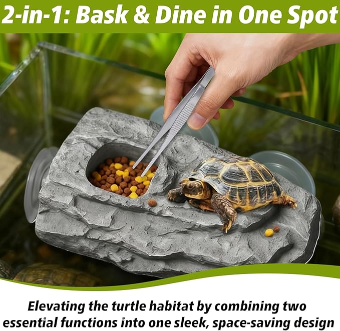 Turtle Floating Basking Platform with 3 Suction Cups & Water Bowl, Turtle Basking Platform with Feeding Tweezer for Frogs, Terrapins, Lizards(8.2×3.14×1.2 inch, Grey)