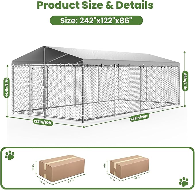 20x10 FT Heavy Duty Outdoor Dog Kennel with Waterproof Cover, UV-Resistant Roof, and Secure Locking Mechanism for Dogs, Durable Metal Enclosure for All Weather Conditions(240x120x84IN)