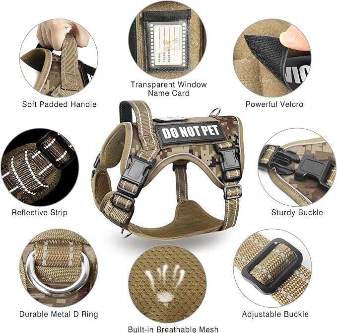 Tactical Dog Harness and Leash Set Small Sized Dog,Heavy Duty No Pull Service Dog Vest and 10 Patches with Dog Seat Belt,Reflective Adjustable Pet Harness for Training Walking Hiking Camo S