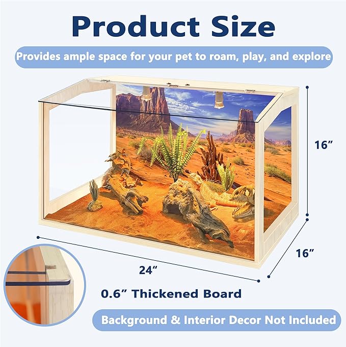 PROLEE Bearded Dragon Tank, Lizard Tank with Clear Tempered Glass Roof,Anti-Scratch Reptile Enclosure, Reptile Tank Built-in Light Fixtures with Switch (24X16X16inch,24 Gallon)