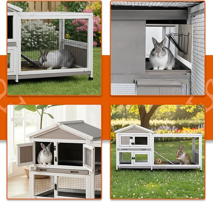 2-Story Rabbit Hutch Outdoor with Wheels, Weatherproof Indoor Bunny Cage with Anti-Chew Metal Frame Ramp, 3 Pull-Out No-Leak Trays, Waterproof Roof, Small Animals Cage