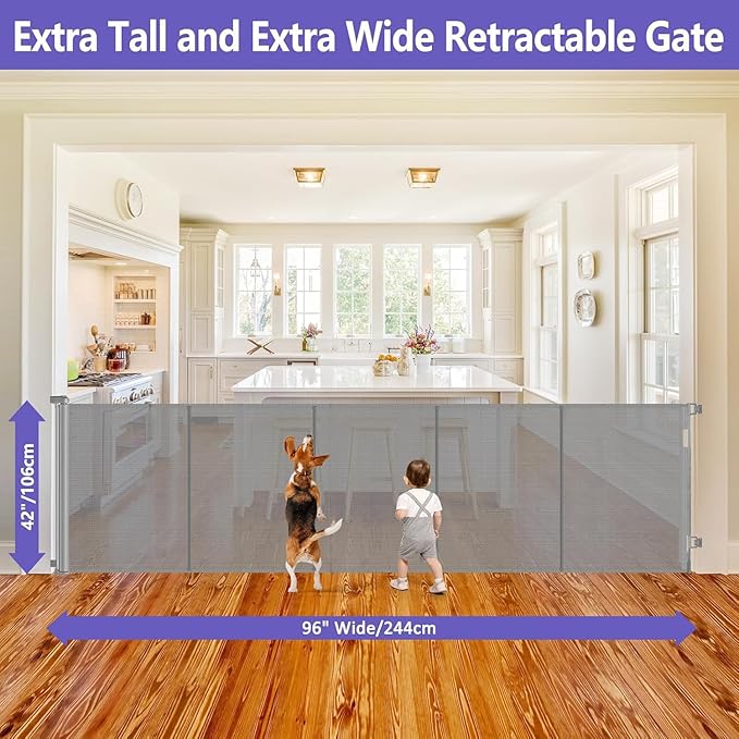 Reinforced 42" Extra Tall x 96" Wide Retractable Pet Gate with Support Rods-Prevent Crawling Under, Mesh Baby Gate Long Dog Gate Indoor/Outdoor Retractable Gate Tall Dog Gates for Doorways, Gray