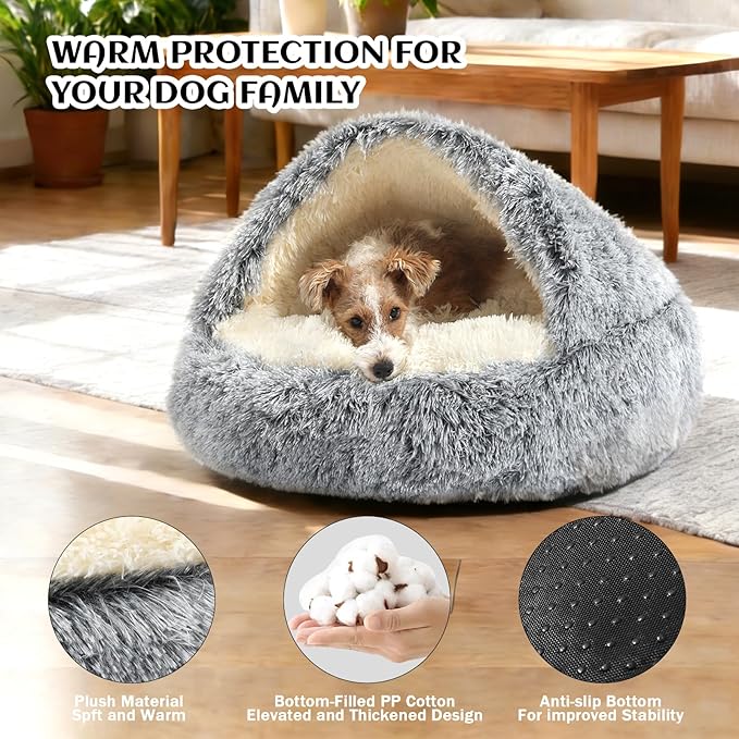 NOYAL Round Hooded Donut Dog Bed for Small & Medium Pets - Plush Fluffy Anti-Anxiety Cat Cave Bed with Cover