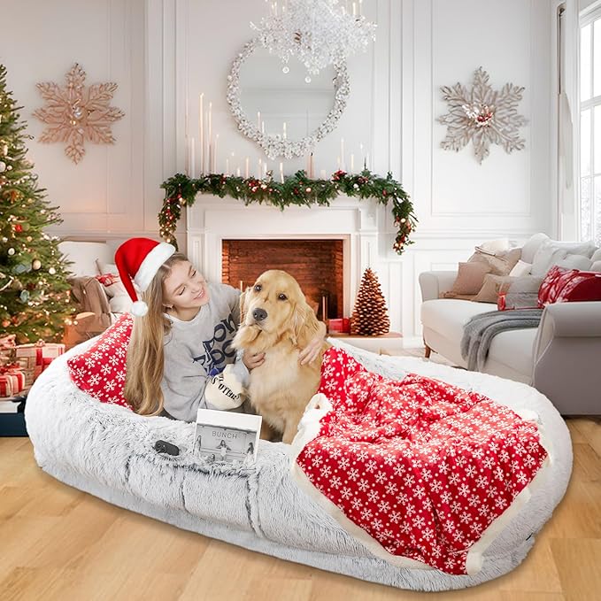 WROS Human Dog Bed - 71"x45"x12" Orthopedic Bed for Humans & Pets, Washable, Plump Pillow, Blanket, Strap - Grey