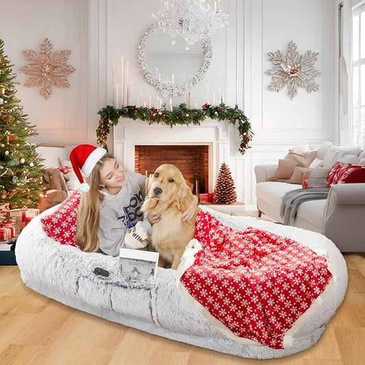 WROS Human Dog Bed - 71"x45"x12" Orthopedic Bed for Humans & Pets, Washable, Plump Pillow, Blanket, Strap - Grey