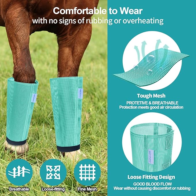 Mesh Horse Fly Boots Set of 4, Loose Fitting Leggings for Horses, Reduce Stressful Stomping, Breathable Adjustable and Universal Fit for 4 Legs, Reliable Stay Put (Mint)