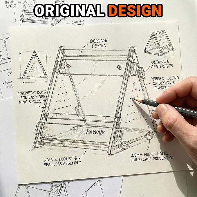 Triangular Jumping Spider Enclosure, Acrylic Terrarium with Magnetic Doors, 0.8mm Micro-Ventilation& Escape-Proof Design for Tarantulas, Lizards, Small Pets, 3.5”x3.5”x3.5”