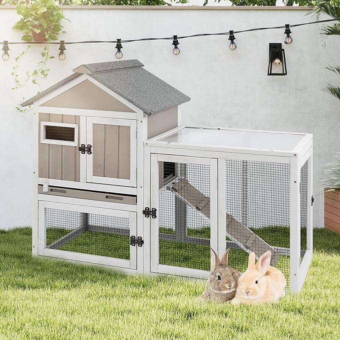 48" L Rabbit Hutch Indoor and Outdoor 2-Story Rabbit Cage with Pull Out Tray,Fir Wood Pet House with Wooden Ramp,Waterproof Bunny Cage Indoor with 2 Asphalt Roofs,Grey