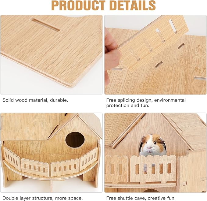 Wooden Hamster Cage, Hamster Habitat for Syrian, Dwarf Gerbils, Mice, Lemmings, Degus or Other Small Pets (13.3 x 11.1 x 10.6 inches)