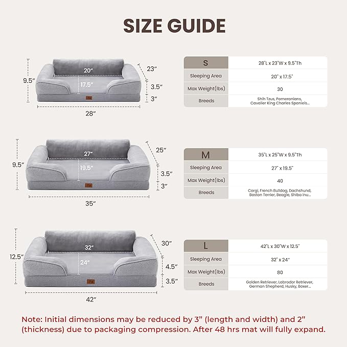 Orthopedic Dog Beds for Large Dogs, Waterproof XL Pet Couch Bed with Soft Sides, Washable Dog Sofa with Flannel Removable Cover, 42" L Supportive Egg-Crate Foam Pet Sofa, Light Grey