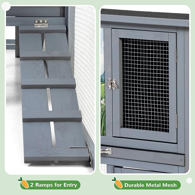COZIWOW Large Wood Rabbit Hutch Outdoor Indoor, 94.5" L 2-Level Bunny Cage for 2 or More Small Animals, Wooden Pet House with Removable Tray & Multiple Entrances (Grey with Pattern)