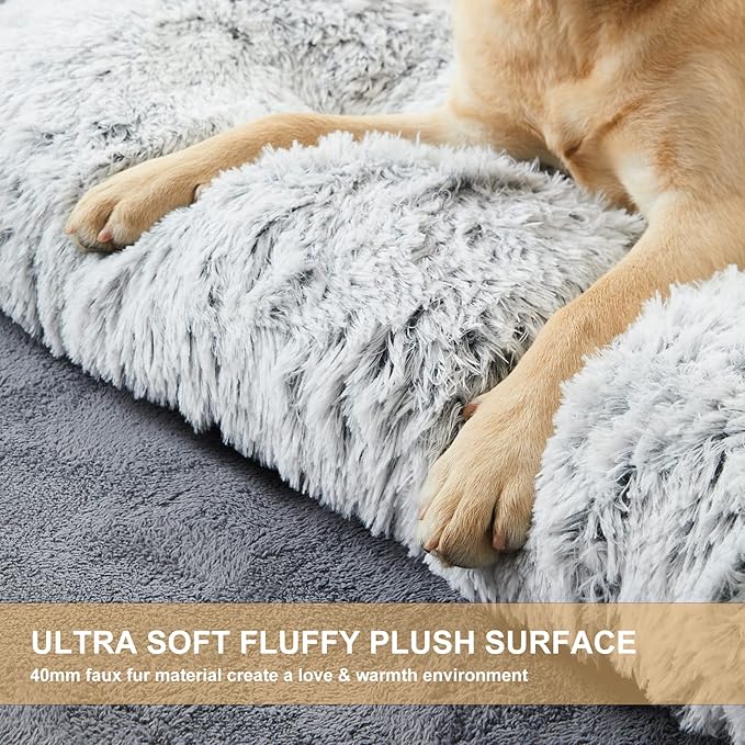 BFPETHOME Dog Beds for Large Dogs, Plush Dog Crate Bed Fluffy Cozy Kennel Pad for Sleeping &Ease Anxiety, Washable Pet Mats with Anti-Slip Bottom for Large Medium Dogs, Pet Bed, Grey