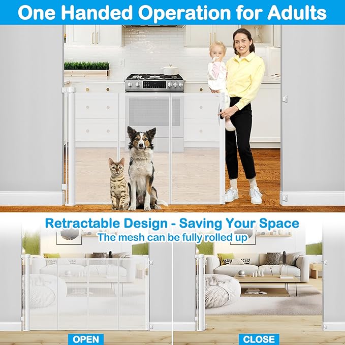 Reinforced 42" Tall X 80" Wide Retractable Baby Gate for Doorway 3.5ft Extra Tall Cat Gate for Stairs Indoor Retractable Baby Gates Extra Wide with Reinforced Bar Mesh Gates for Kids or Pets, White