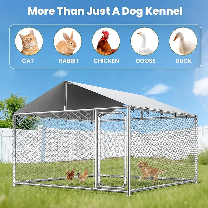 8.3x8.3 FT Heavy-Duty Outdoor Dog Kennel with Waterproof Cover, UV-Resistant Roof, Secure Locking Mechanism for Large Dogs, Metal Enclosure for All Weather Conditions（100x100x85IN）