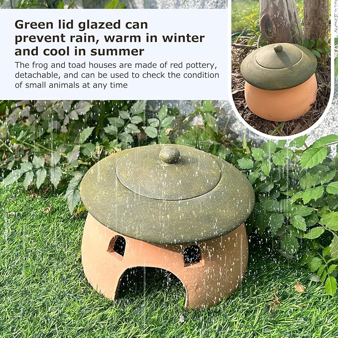 Terracotta Reptile Cave with Green Lid - 8 * 6 Inches Hiding Place for Toad, Frog, Turtle, Lizard
